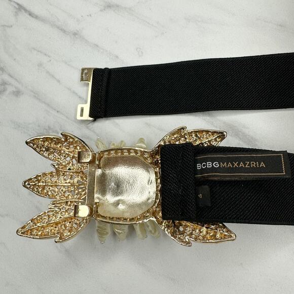 BCBGMAXAZRIA Faux Pearl Bow Black Stretch Belt S/M Cinch Waist Designer - Picture 5 of 16